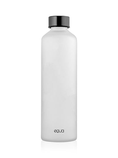 Minimalistic EQUA glass water bottle in centre of the image with black metallic lid and black equa logo at the bottom. Put stickers on the EQUA glass water bottle and make it unique and to your liking.